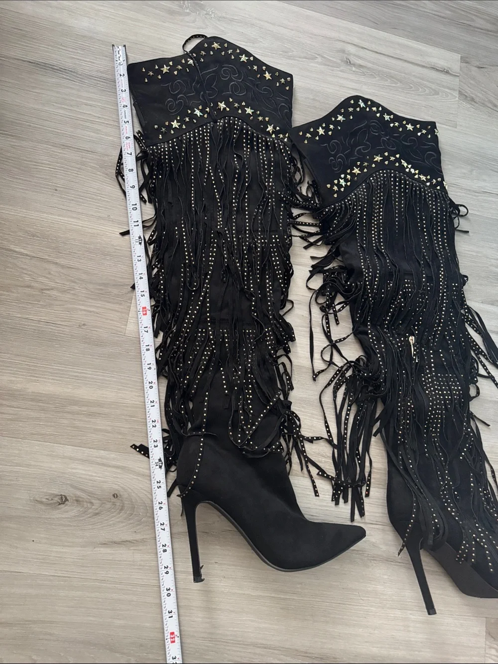 Cape Robbin Black Fringe Over-the-Knee Stiletto Boots with Gold Studs